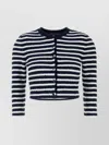 Prada Crew Neck Striped Boucle Cardigan In Gray