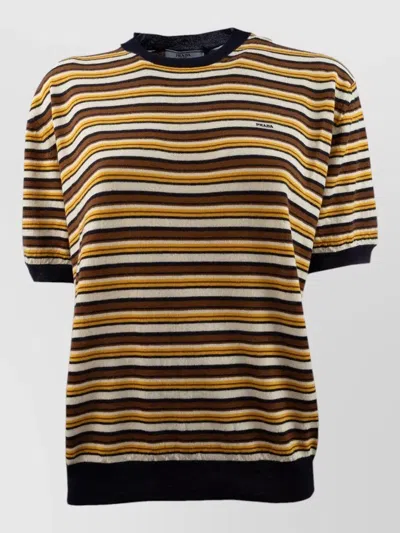 Prada Crew Neck Striped Knit Top Short Sleeves In Multi