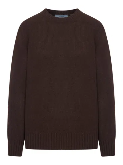 Prada Crew Neck Sweater In Cashmere Wool In Brown