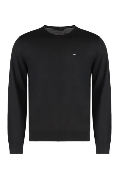 Prada Crew Neck Sweater In Combed Wool In Black