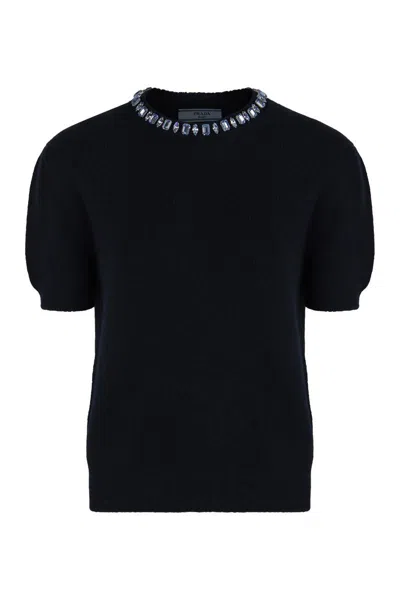 Prada Crew Neck Sweater In Wool And Cashmere In Blue