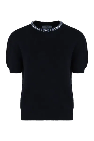 Prada Crew Neck Sweater In Wool And Cashmere In Blue