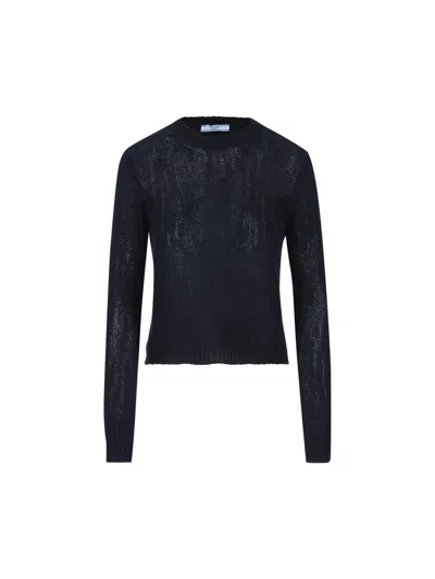 Prada Crewneck Knitted Jumper In Blue