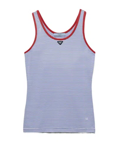 Prada Womens Light Blue Striped Triangle-logo Cotton-jersey Tank Top