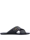 Prada Padded Leather Crisscross Flat Sandals In Black