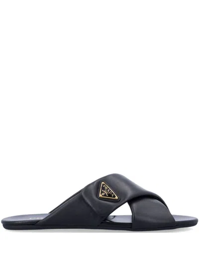 Prada Padded Leather Crisscross Flat Sandals In Black