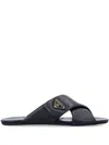 Prada Padded Leather Crisscross Flat Sandals In Black