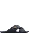 Prada Padded Leather Crisscross Flat Sandals In Black