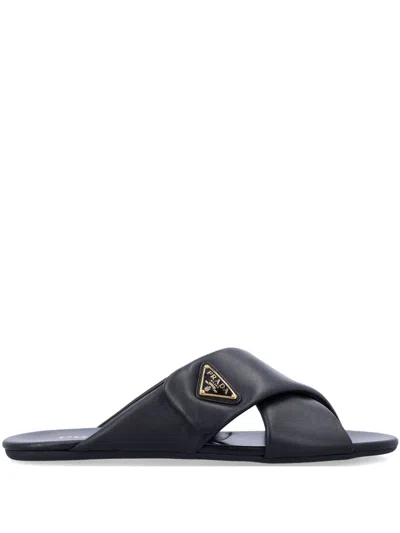 Prada Criss Cross Logo Slides In Black