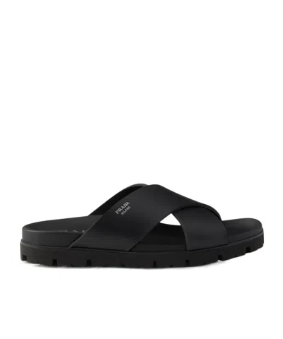 Prada Crisscross Rubber Slides In Black