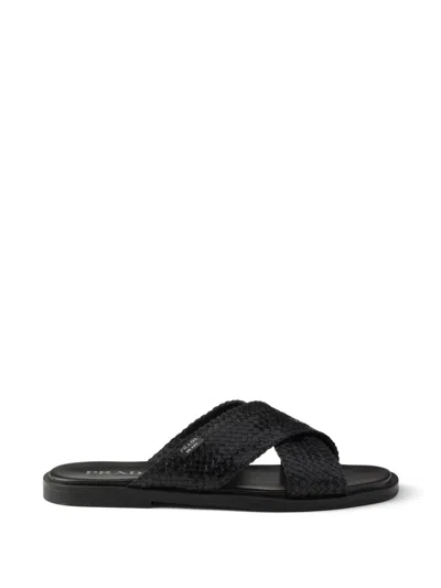 Prada Crisscross Slides In Black