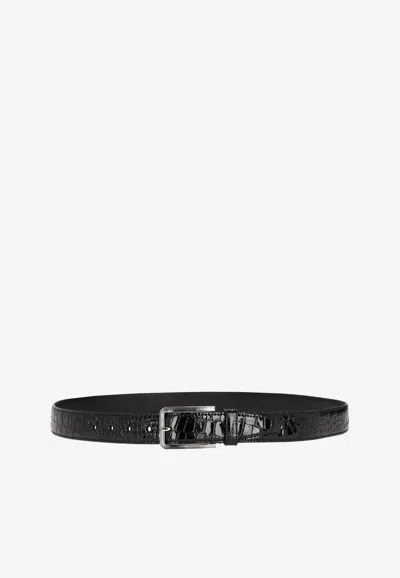 Prada Croc-embossed Leather Belt In Black