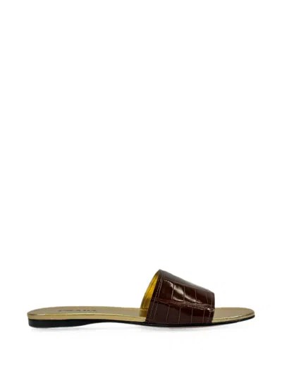 Pre-owned Prada Croc-embossed Leather Sandals In Brown