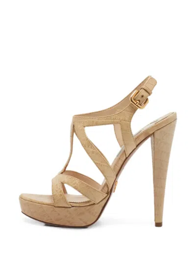 Pre-owned Prada Croc-embossed Platform Sandals In Neutral