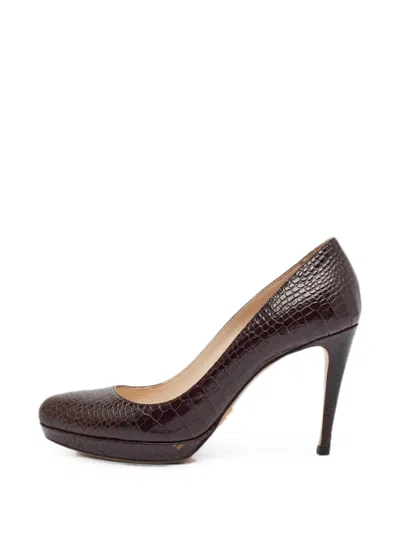 Pre-owned Prada Croc-embossed Pumps In Brown