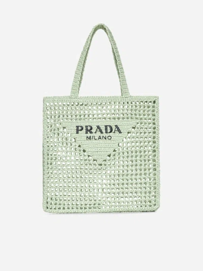 Prada Triangle-logo Crochet Rafia Tote Bag In Green