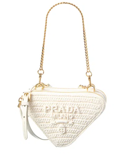 Prada Crochet & Leather Mini Pouch In White
