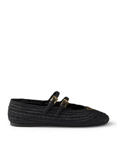 Prada Woven Flat Shoes With Adjustable Gold-tone Straps In Black