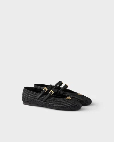 Prada Woven Flat Shoes With Adjustable Gold-tone Straps In Black