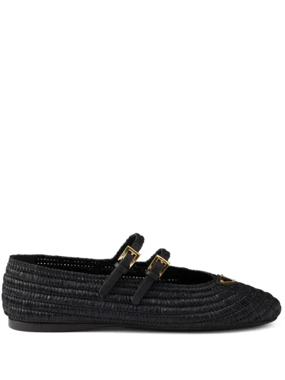 Prada Woven Flat Shoes With Adjustable Gold-tone Straps In Black