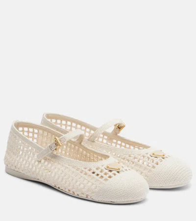 Prada Women Ivory Crochet Ballet Flats In White