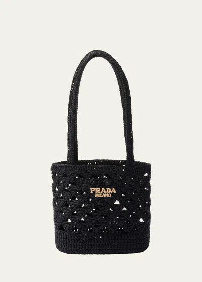 Prada Women's Small Woven Fabric Crochet Shoulder Bag In Black