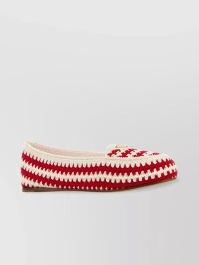 Prada Crochet Design Flat Sole Round Toe Loafers In Red