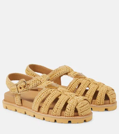 Prada Woven Raffia Fisherman Sandals In Beige