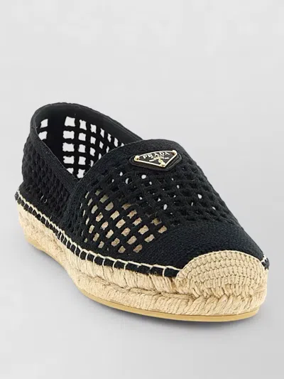 Prada Crochet Knit Espadrilles Mesh Upper Rope Sole In Black