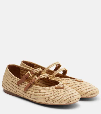 Prada Leather Double-straps Crochet Ballerinas In Neutral