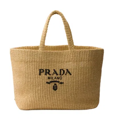 Prada Crochet Logo-embroidered Tote Bag In Neutral Color