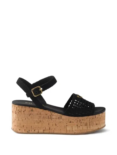 Prada Crochet Logo-engraved Platform Sandals In Black
