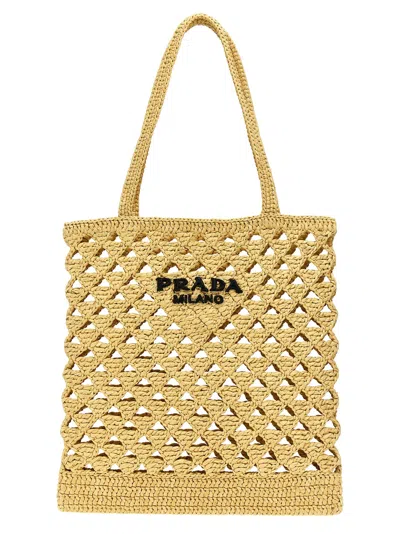 Prada Crochet Logo Shopping Bag Tote Bag Beige