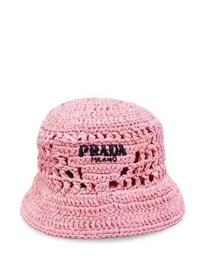 Pre-owned Prada Crochet Logo-embroidered Bucket Hat In Pink