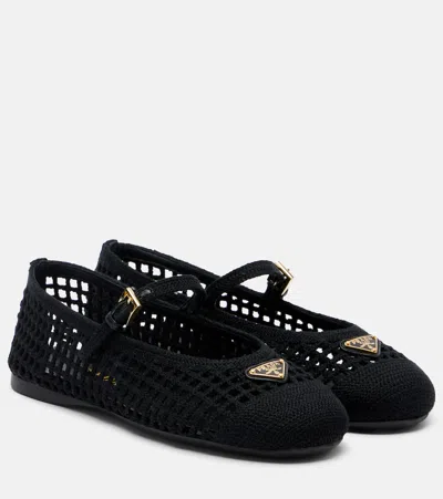 Prada Crochet Ballerina Shoes Buckle Detail Mesh In Black