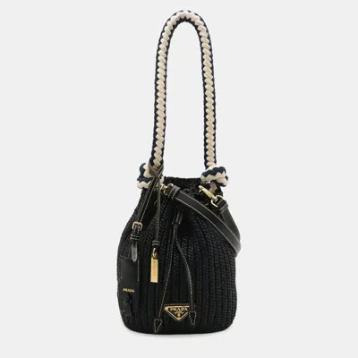 Pre-owned Prada Crochet Mini Bucket Bag Shoulder Bag With Rope Strap Raffia-embellished Viscose And Leather Black