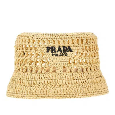 Prada Crochet Raffia Bucket Hat In Sand