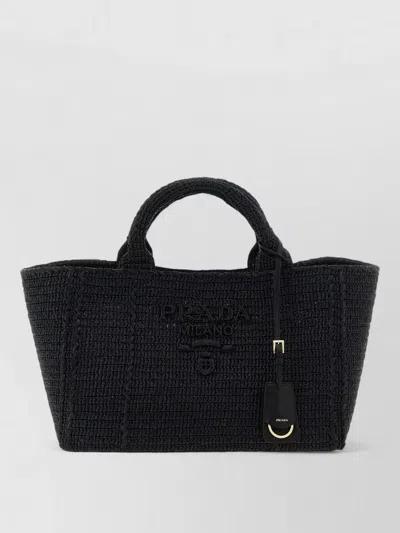 Prada Crochet Raffia Effect Rectangular Shopping Bag In Black