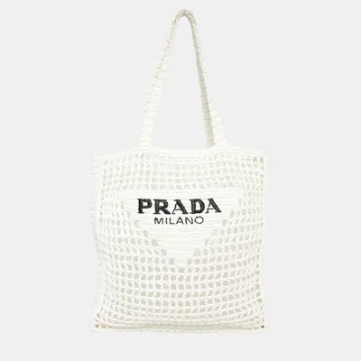Pre-owned Prada Crochet Raffia Tote Bag In White