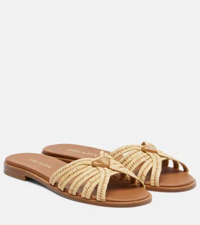 Prada Crochet Raffia-effect Slides In Sand