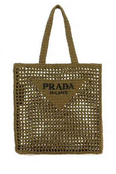 Prada Crochet Shopping Bag In Oliva