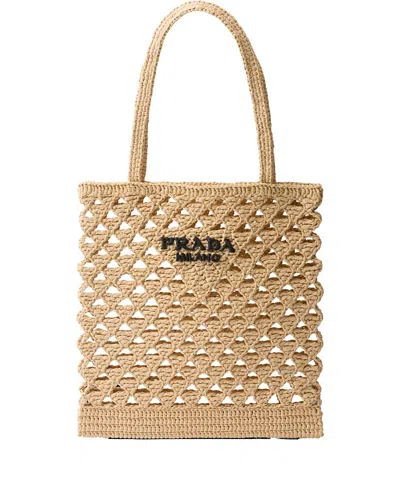 Prada Crochet Logo Shopping Bag Tote Bag Beige In Neutral