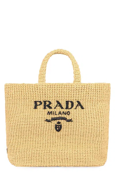 Prada Logo Woven Fabric Shopping Bag In Neutral