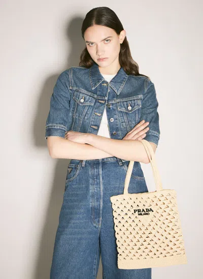 Prada Crochet Logo Shopping Bag Tote Bag Beige In Neutral