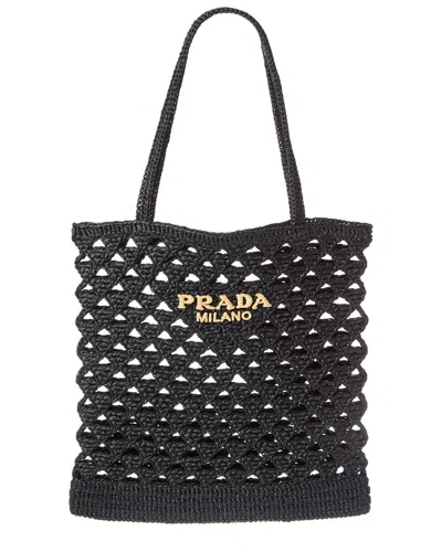 Prada Woven Fabric Crochet Tote Bag In Black