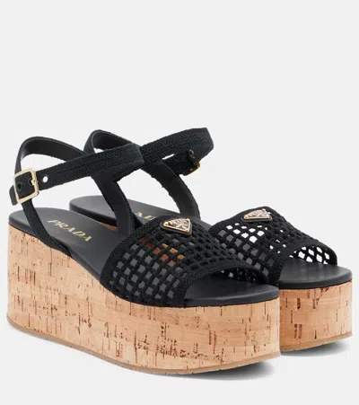 Prada Crochet Wedge Sandals In Black