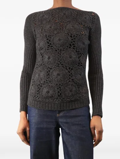 Pre-owned Prada Crochet-knit Ribbed-sleeve Sweater In Gray