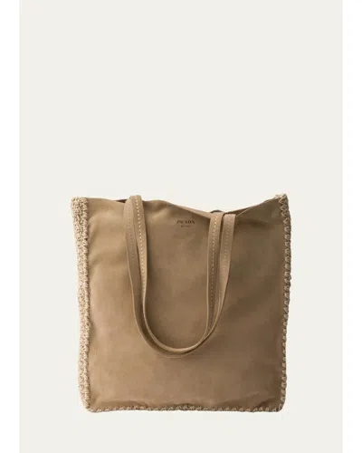 Prada Crochet-trim Suede Tote Bag In Deserto