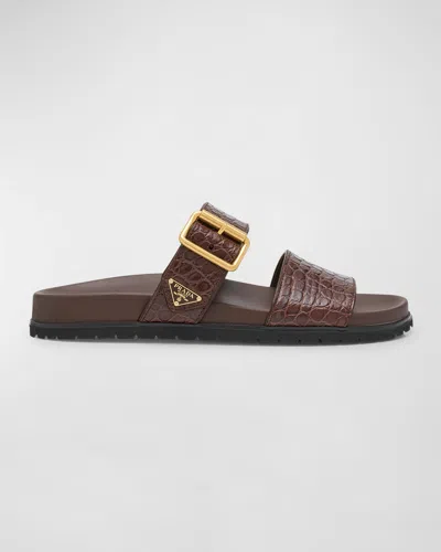 Prada Croco Buckle Dual-band Comfort Sandals In Cacao