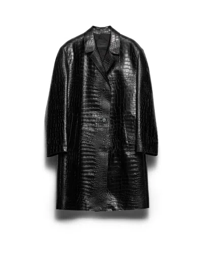 Prada Mantel Aus Leder Mit Krokodilleder-print In Black